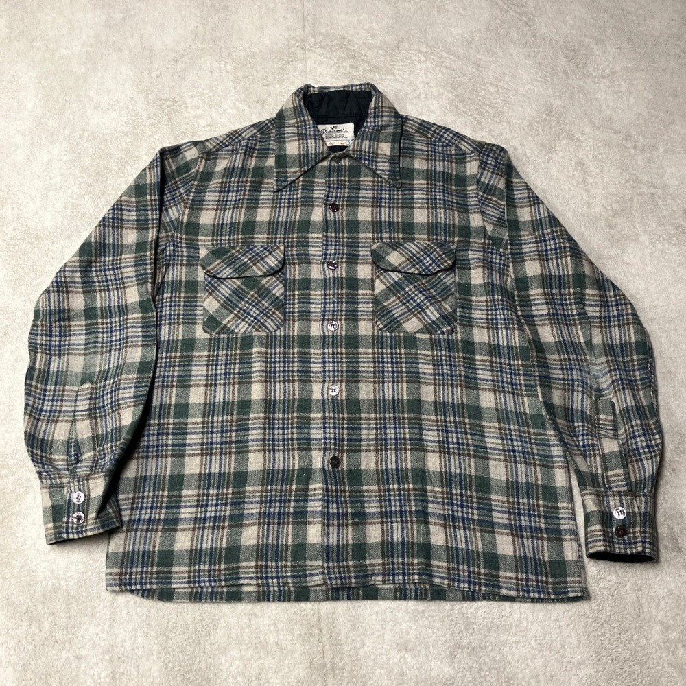 True Vintage Palermo Board Shirt Gray Green Plaid Wool Nylon Korea Made Mens M